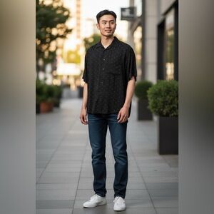 Vintage Perry Ellis 100%
Cotton Black Short Sleeve
Embroidered Pattern Button...